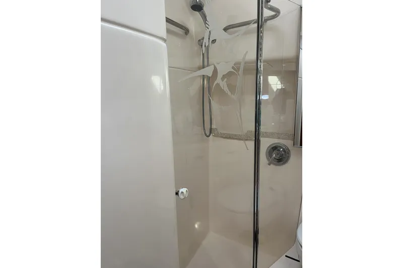 Slide: The Image of Shower area in 2002 Tiara Yachts 4300 Open, featuring glass door and chrome fixtures. - 20