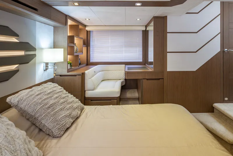 Slide: The Image of Luxurious interior of 2020 Galeon 550 Fly yacht with modern design and cozy seating. - 30