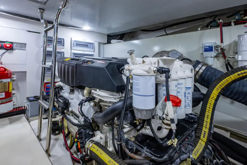 Slide: The Image of Engine room of 2020 Galeon 550 Fly yacht, featuring advanced machinery and equipment. - 43