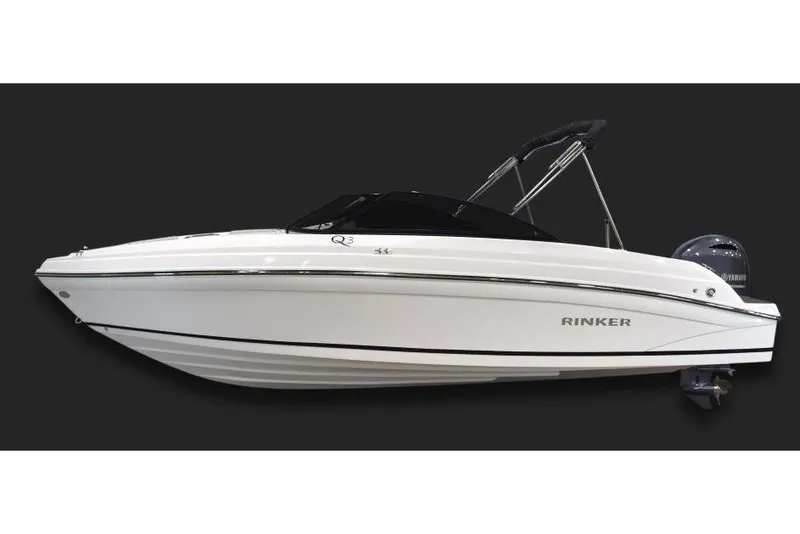 Slide: The Image of Manufacturer Provided Image: 2019 Rinker Q3 OB white motorboat with black canopy, side view. - 16