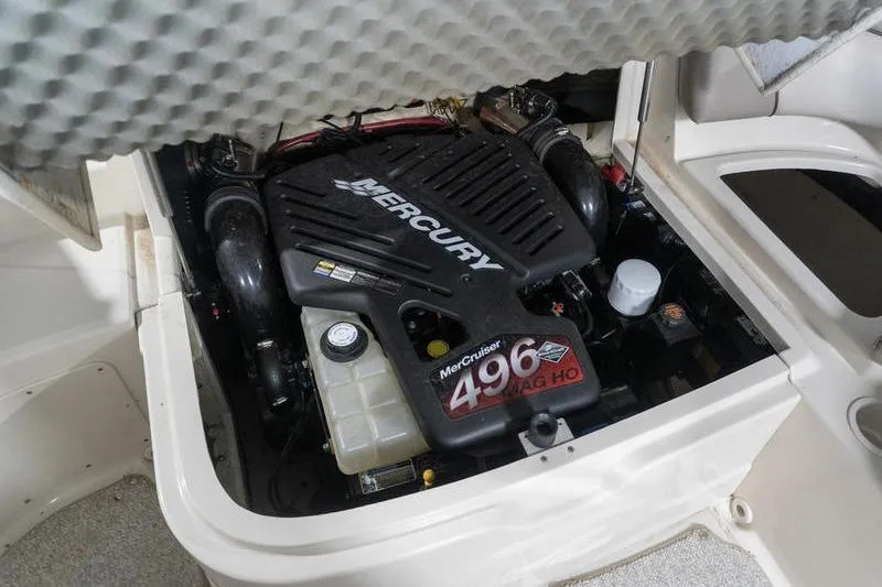 Slide: The Image of Engine compartment of a 2002 Sea Ray 270 Sundeck with MerCruiser 496 MAG HO engine. - 28