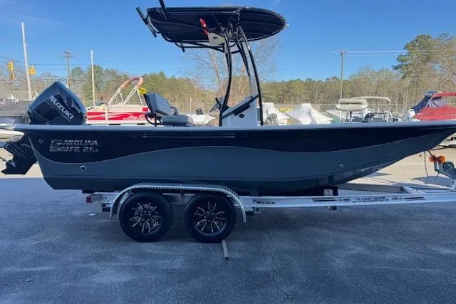 Slide: The Image of 2026 Carolina Skiff 21 LS boat on trailer, parked outdoors. - 4