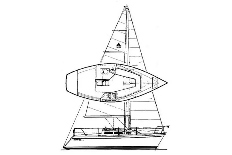 Slide: The Image of Blueprint of a 1990 Catalina Capri 26 sailboat, showing side and top views. - 25