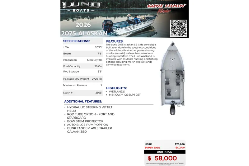 Slide: The Image of Lund 2075 Alaskan SS 2026 boat specifications and features, priced at $58,000. - 22