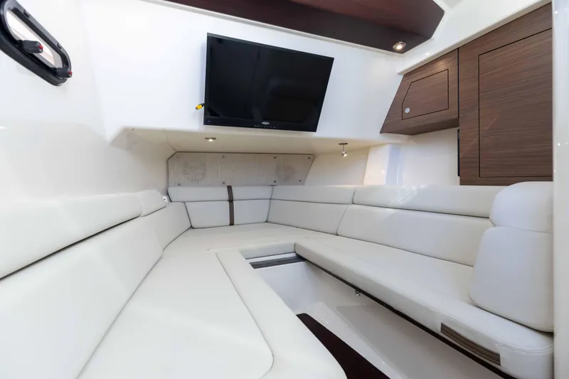 Slide: The Image of Electrical panel of a 2021 Boston Whaler 350 Realm boat, showcasing power controls. - 32