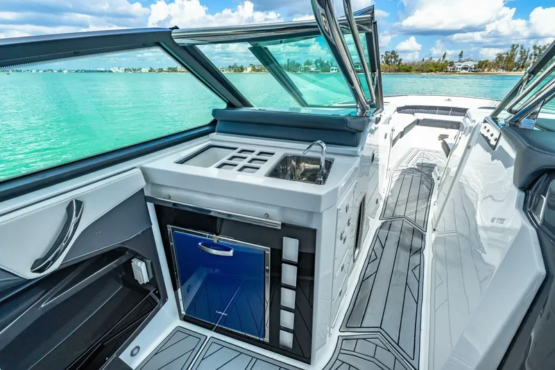 Slide: The Image of 2023 Monterey 350 Sport Yacht interior with sleek design and modern amenities. - 18