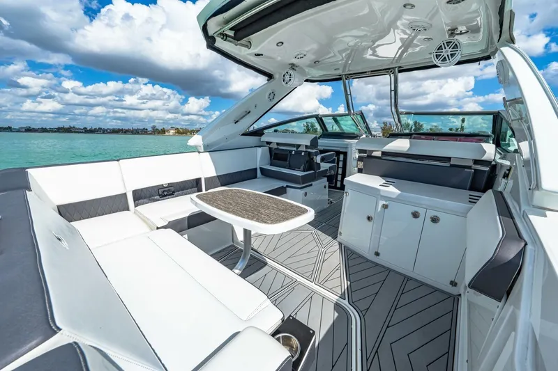 Slide: The Image of Luxurious interior of 2023 Monterey 350 Sport Yacht with sleek seating and modern design. - 9