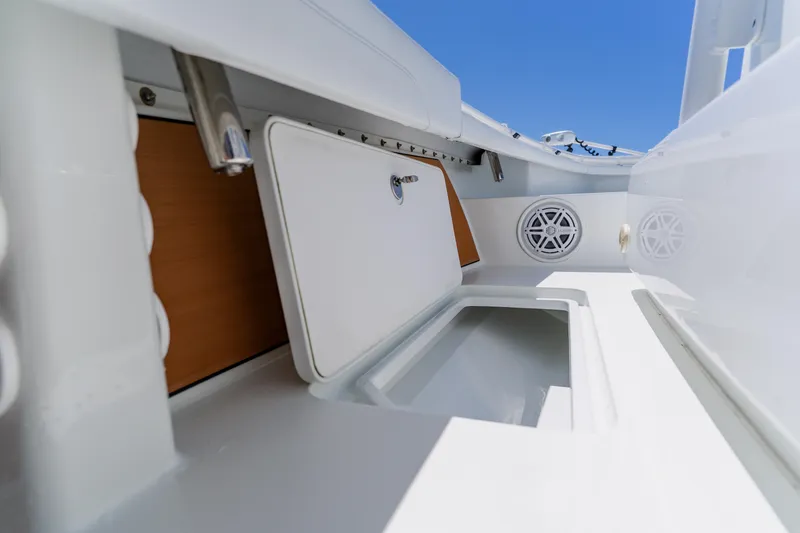 Slide: The Image of 2017 Barker Boatworks 26 interior storage and speaker detail, showcasing sleek design. - 23
