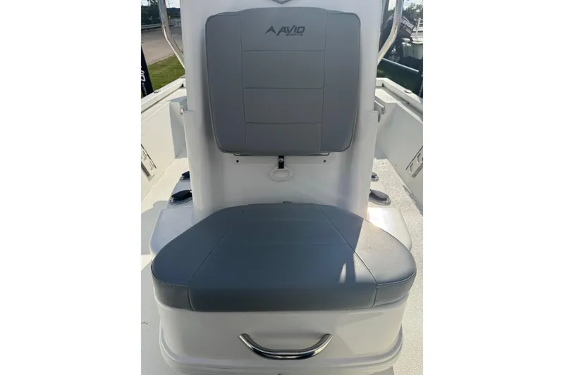 Slide: The Image of Avid 19 FS 2022 boat seat with gray upholstery and sleek design. - 26