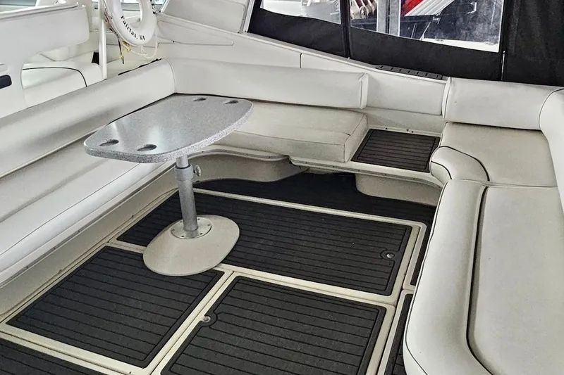 Slide: The Image of Interior view of 1994 Sea Ray 440 Sundancer yacht cockpit with panoramic windows. - 7