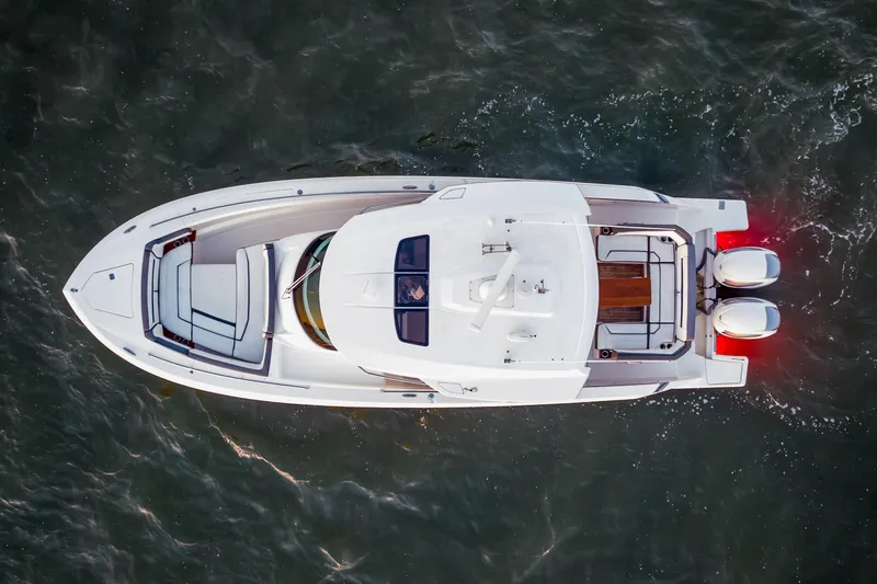 Slide: The Image of Overhead view of 2019 Tiara Yachts 38 LS boat on water. - 8