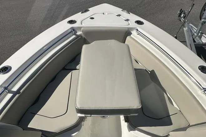 Slide: The Image of Bow seating area of 2026 Key West 219 FS boat with cushioned seats. - 11