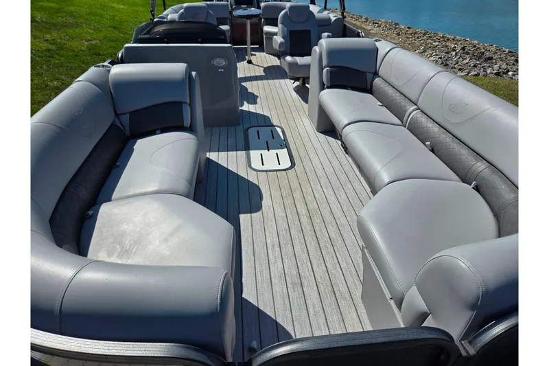 Slide: The Image of 2018 Misty Harbor 2585 Biscayne Bay CU pontoon boat with spacious seating and sleek design. - 11