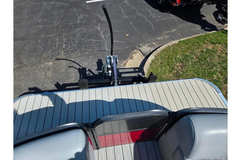 Slide: The Image of 2018 Misty Harbor 2585 Biscayne Bay CU pontoon boat on trailer, viewed from above. - 25