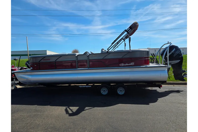 Slide: The Image of 2018 Misty Harbor 2585 Biscayne Bay CU pontoon boat on trailer, side view. - 4