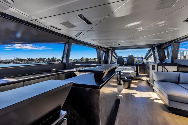 Slide: The Image of Luxurious interior of 2025 Pershing GTX 80 yacht with modern design and panoramic windows. - 33