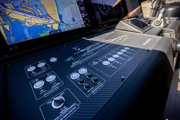 Slide: The Image of Control console of the 2025 Pershing GTX 80 yacht. - 49