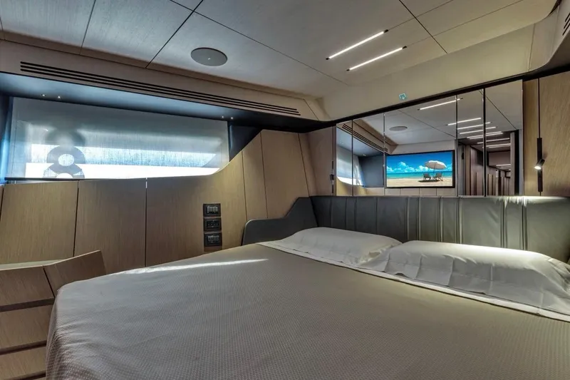 Slide: The Image of Luxurious interior of 2025 Pershing GTX 80 yacht bedroom with modern design. - 65