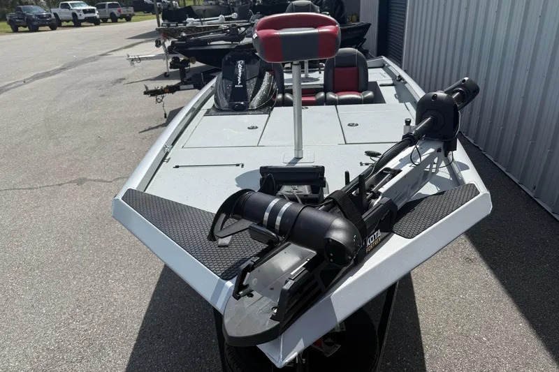 Slide: The Image of 2018 Ranger RT188 fishing boat with trolling motor and red seating. - 6