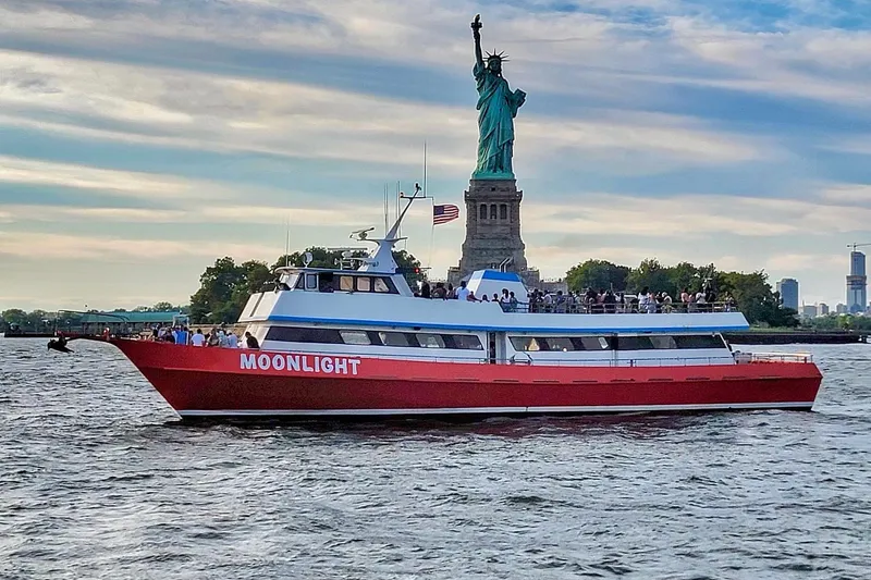 The Image of Red tour boat "Moonlight" near Statue of Liberty, Custom Commercial Steel 100, 1985. - 0