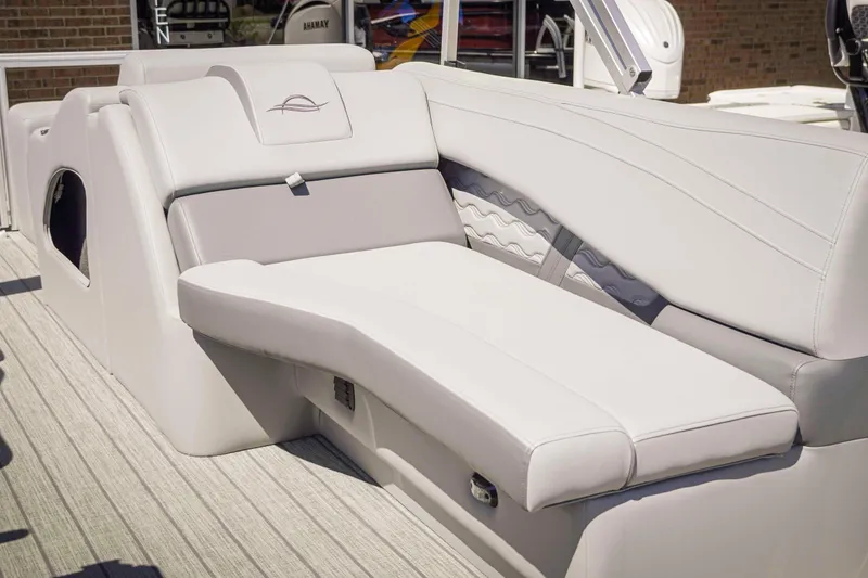 Slide: The Image of Luxurious seating on 2025 SunCatcher Fusion 324SS pontoon boat, featuring sleek design and comfort. - 18