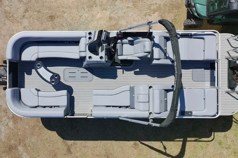 Slide: The Image of 2025 SunCatcher Fusion 324SS pontoon boat, aerial view, showcasing spacious seating and modern design. - 3