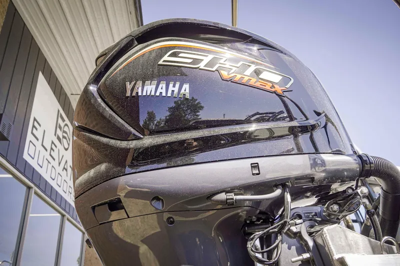 Slide: The Image of Yamaha SHO VMAX engine on 2025 SunCatcher Fusion 324SS boat at Elevate Outdoors. - 7
