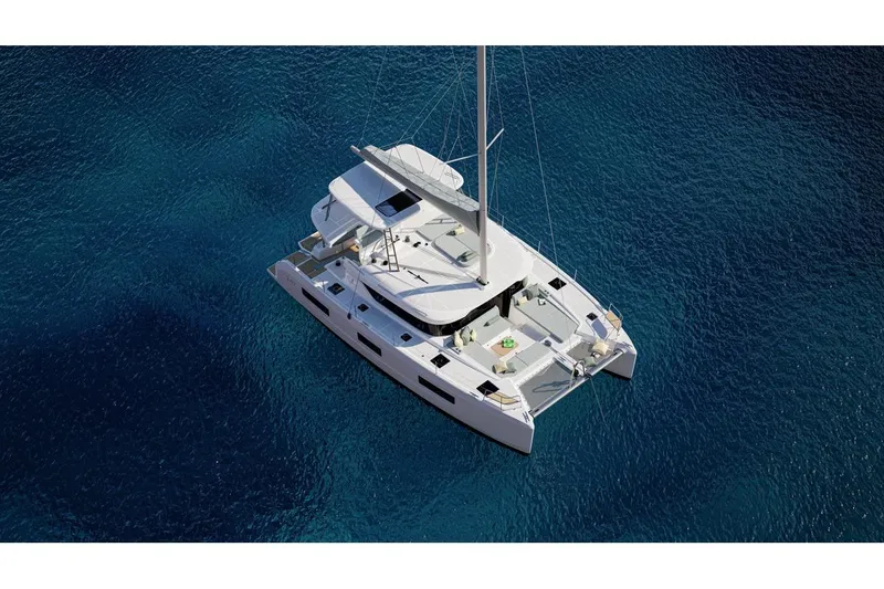 The Image of Aerial view of Lagoon 47 yacht on blue water, 2026 model. - 0