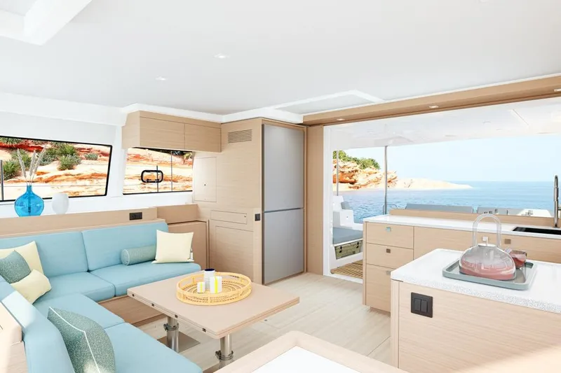 Slide: The Image of Interior of Lagoon 47 yacht, modern design, ocean view. - 10