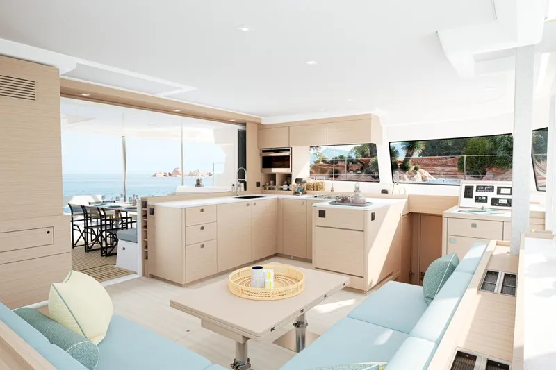 Slide: The Image of Luxurious interior of 2026 Lagoon 47 yacht with ocean view. - 11