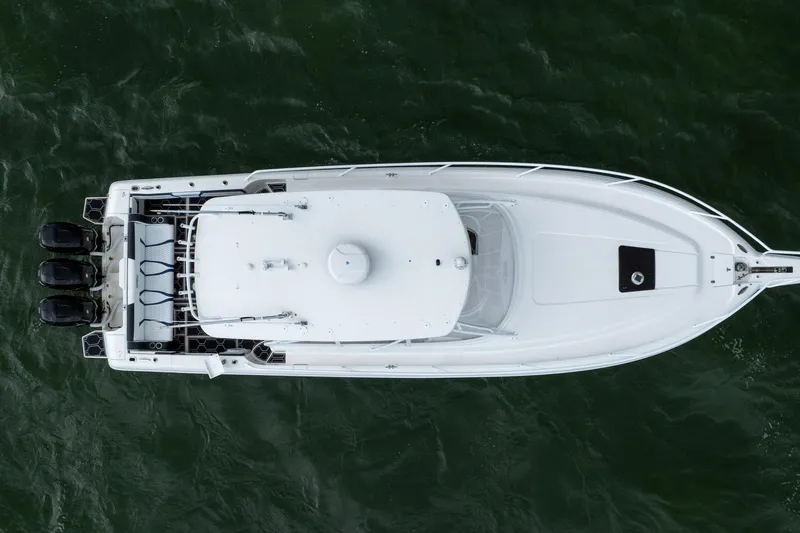 Slide: The Image of Aerial view of 2008 Intrepid 390 Sport Yacht on water. - 7