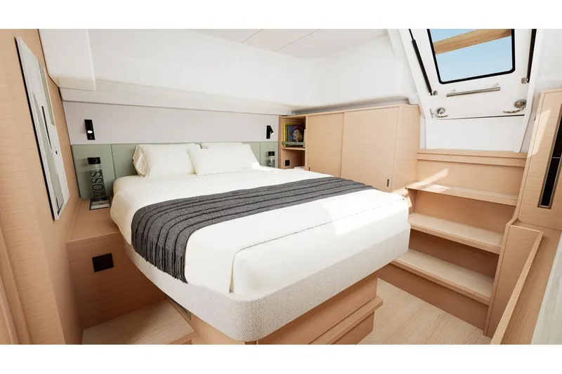 Slide: The Image of Luxurious bedroom in Lagoon 47 catamaran, model year 2026. - 15