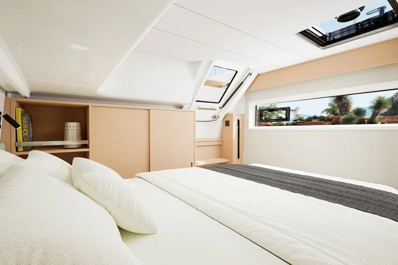 Slide: The Image of Interior of Lagoon 47 yacht, modern bedroom design, year 2026. - 17