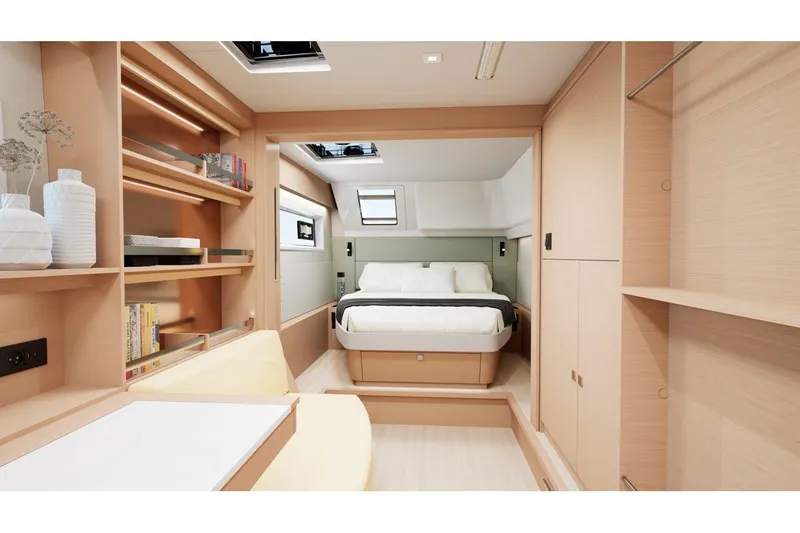 Slide: The Image of Interior of Lagoon 47 yacht, modern bedroom design, year 2026. - 19