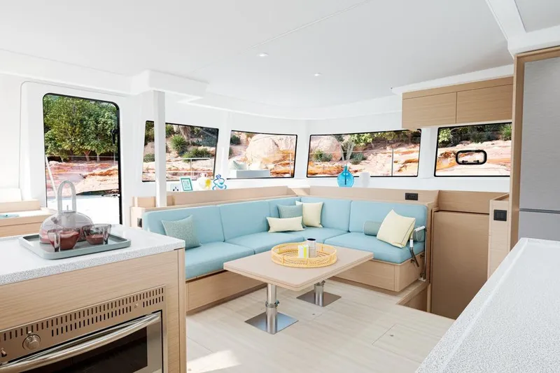 Slide: The Image of Interior of Lagoon 47 yacht, modern and spacious, year 2026. - 8