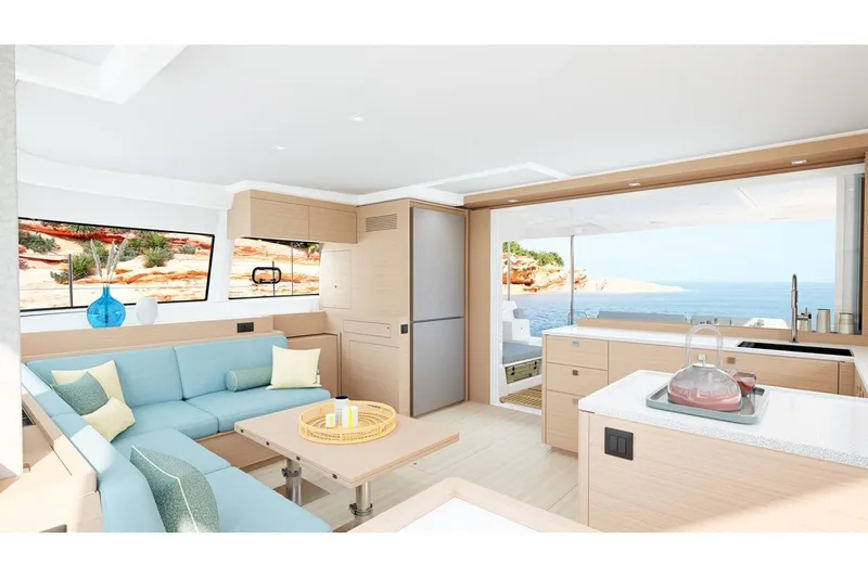 Slide: The Image of Interior of Lagoon 47 yacht, modern and spacious, with ocean view. - 9