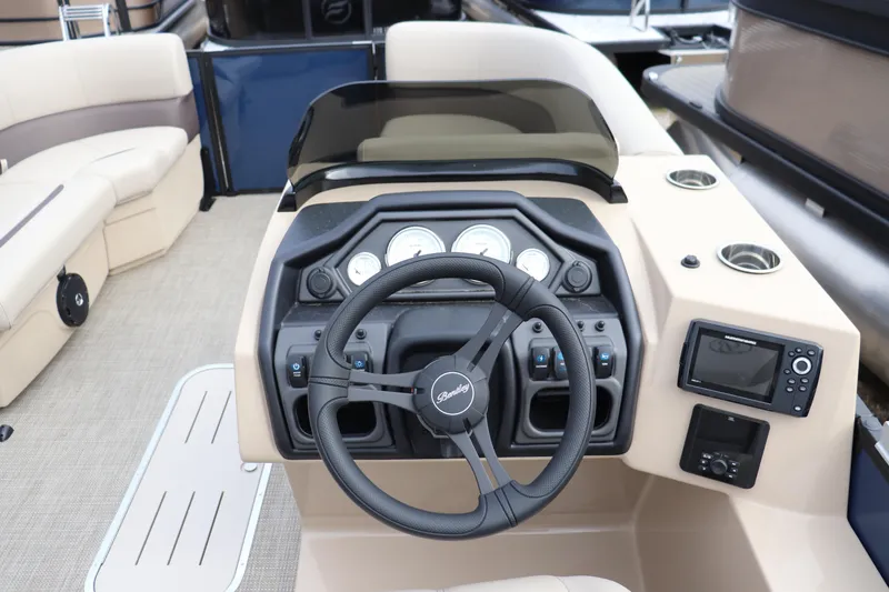 Slide: The Image of 2026 Bentley Pontoons Legacy 223 Fish N Cruise dashboard with steering wheel and controls. - 5