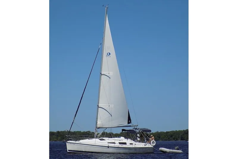 Slide: The Image of 2006 Hunter 33 sailboat on calm water with clear blue sky. - 36