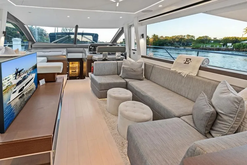 Slide: The Image of Luxurious interior of 2021 Sunseeker Manhattan 68 yacht with modern furnishings and scenic views. - 38