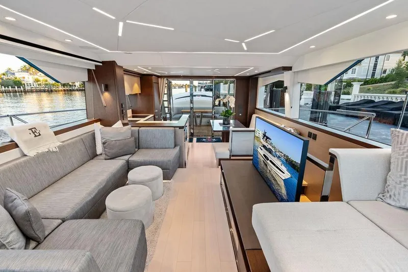 Slide: The Image of Luxurious interior of 2021 Sunseeker Manhattan 68 yacht with modern furnishings and waterfront view. - 40