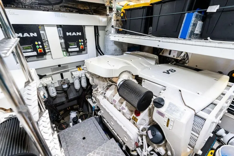Slide: The Image of Engine room of 2021 Sunseeker Manhattan 68 yacht with MAN V8 engines. - 73
