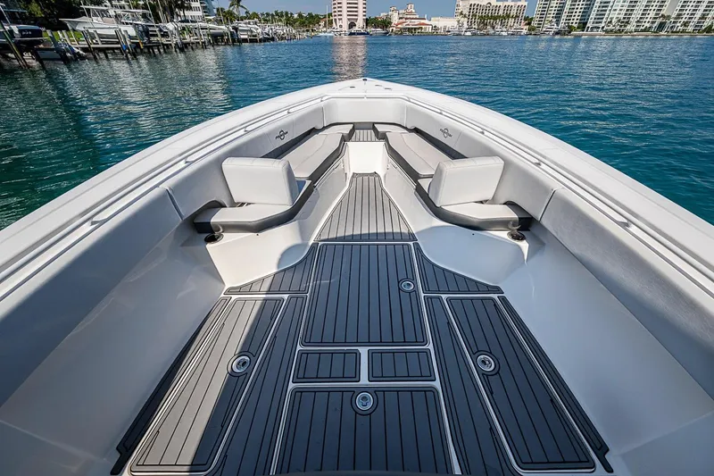 Slide: The Image of 2020 Fountain 38 Center Console boat interior with sleek seating and modern design. - 15