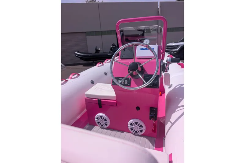 Slide: The Image of Pink and white Tide Craft Catalina 13 boat interior with steering wheel, 2026 model. - 11