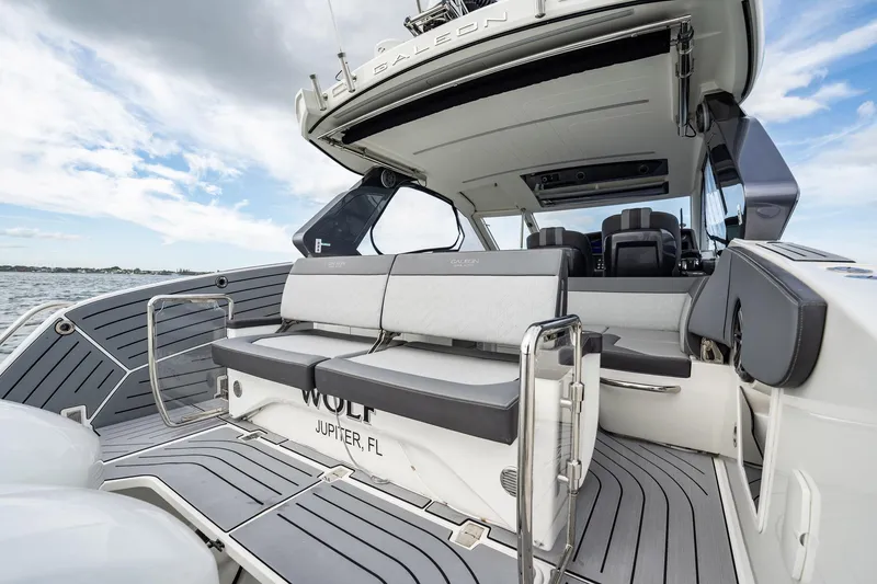 Slide: The Image of 2023 Galeon 325 GTO luxury yacht interior with sleek seating and modern design. - 20