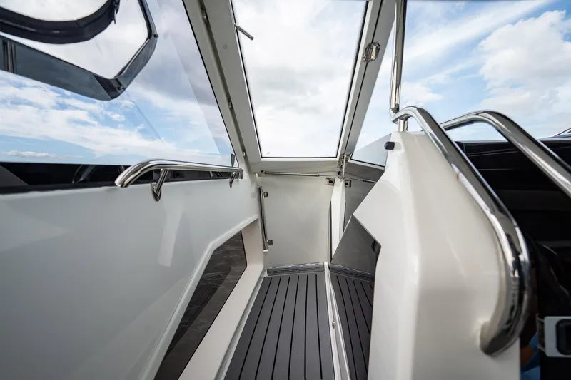 Slide: The Image of Interior view of 2023 Galeon 325 GTO yacht with sleek design and modern finishes. - 22