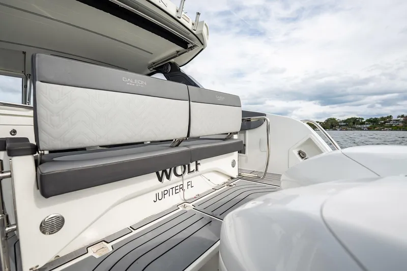 Slide: The Image of 2023 Galeon 325 GTO boat with sleek seating, docked in Jupiter, Florida. - 27
