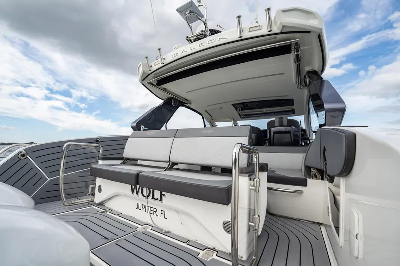 Slide: The Image of 2023 Galeon 325 GTO yacht with sleek seating, open deck, and modern design. - 36