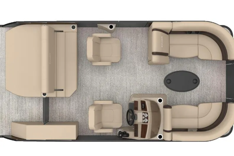 Slide: The Image of 2026 Sylvan Mirage 8520 CLZ DH pontoon boat interior layout with beige seating and helm. - 2