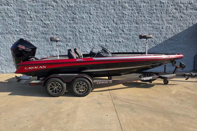 Slide: The Image of Red Caymas 201 Pro boat 2027 on trailer, side view. - 28