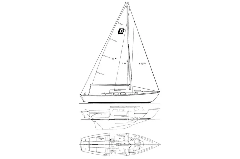 Slide: The Image of Blueprint of a 1976 Cape Dory 25 sailboat, showcasing side and top views. - 10